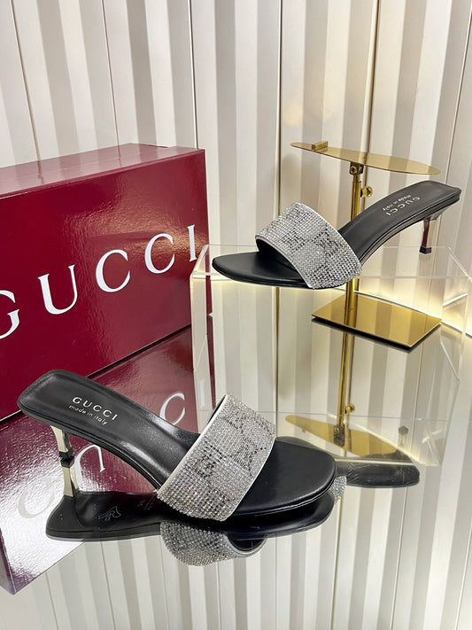 GG 26s Bombshell Crystal Sandal 5cm Black Sliver Mesh Leather 768160