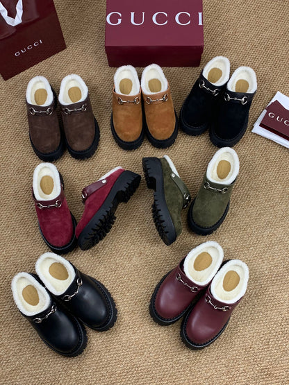 Gucci FW 25 Horsebit Suede Clog Deep Burgundy  Leather with Shearling 506442