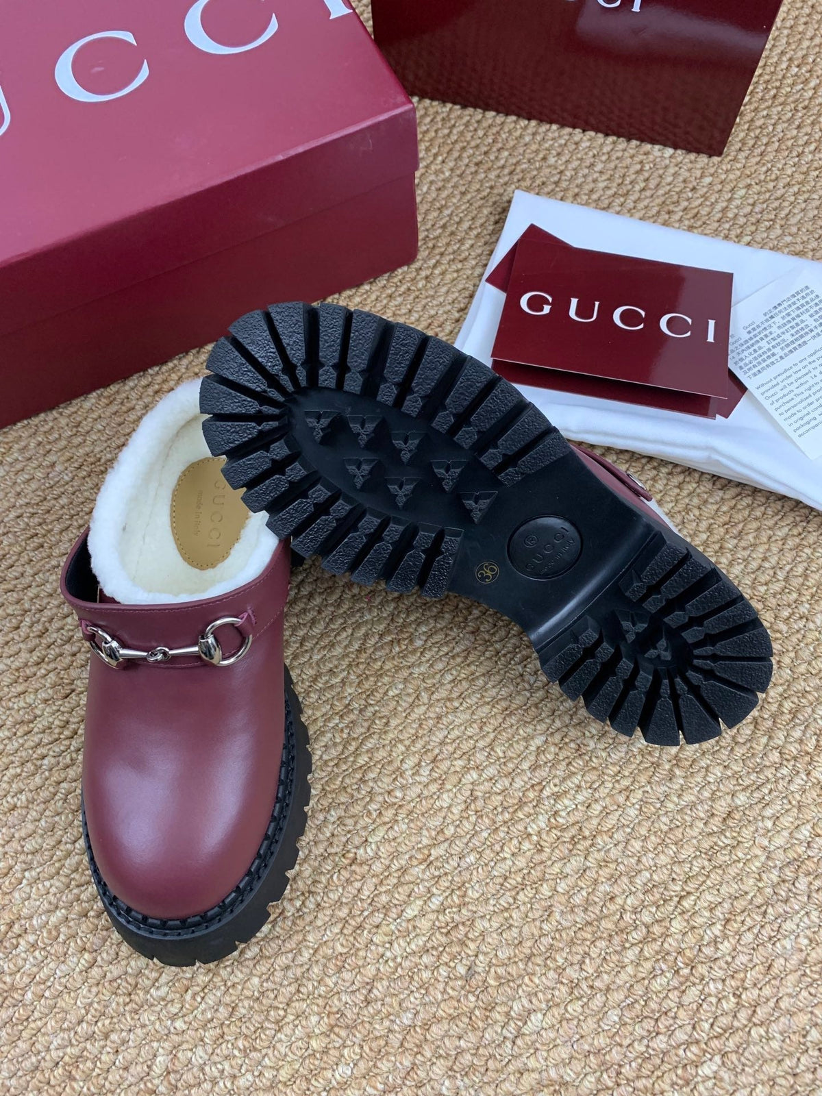 Gucci FW 25 Horsebit Suede Clog Deep Burgundy  Leather with Shearling 506442