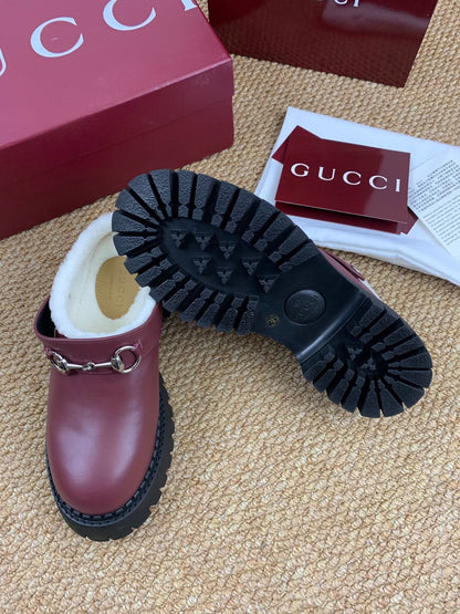 Gucci FW 25 Horsebit Suede Clog Deep Burgundy  Leather with Shearling 506442