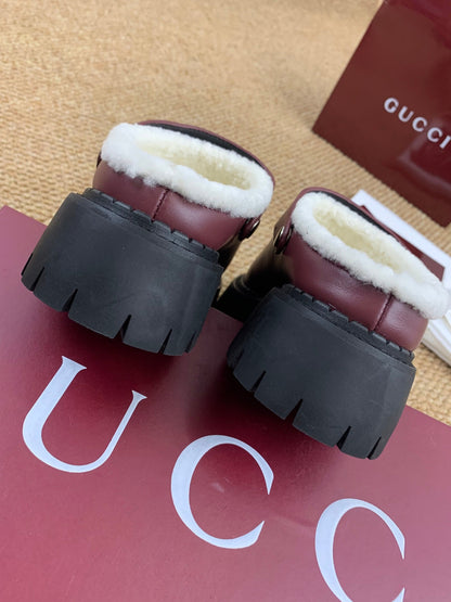 Gucci FW 25 Horsebit Suede Clog Deep Burgundy  Leather with Shearling 506442