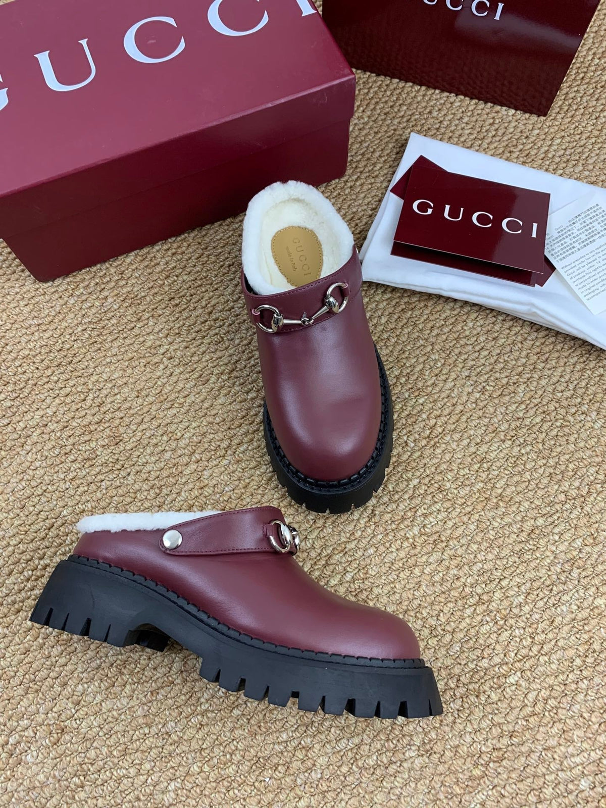 Gucci FW 25 Horsebit Suede Clog Deep Burgundy  Leather with Shearling 506442