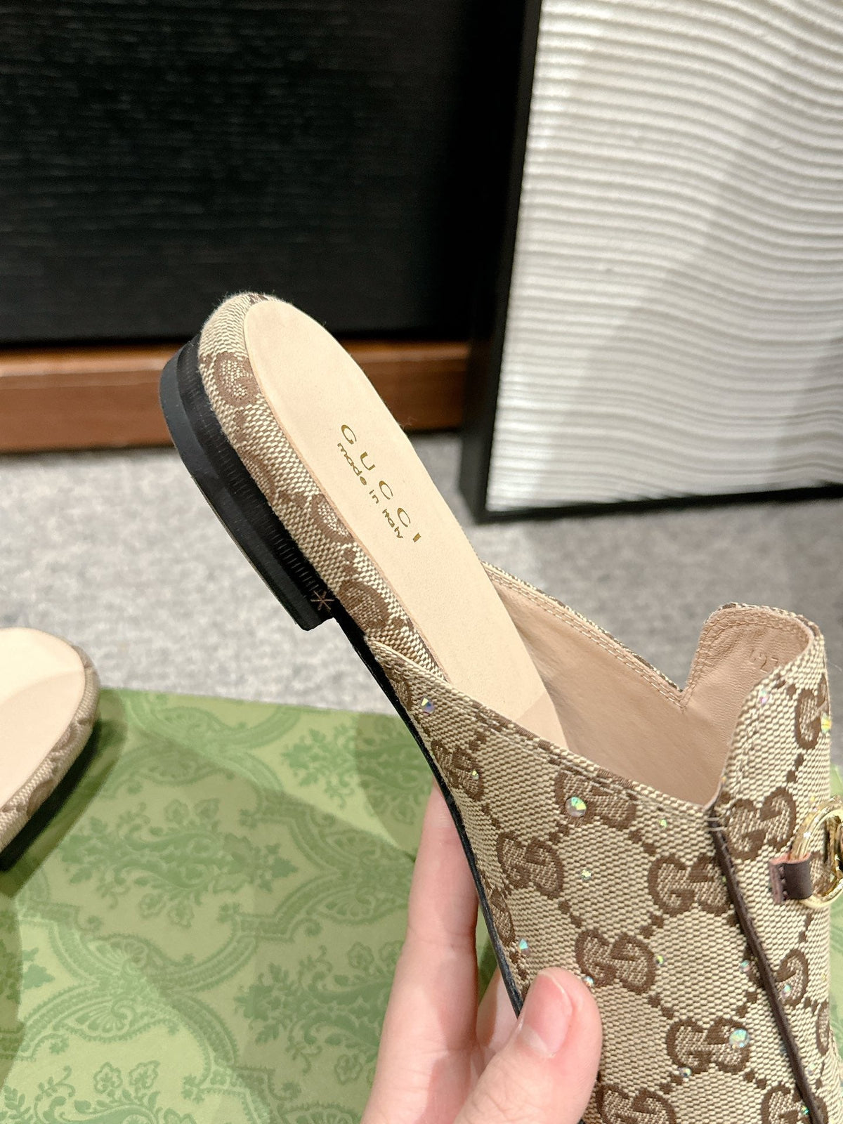 Horsebit Mule Beige Ebony Canvas Crystal-Embellished