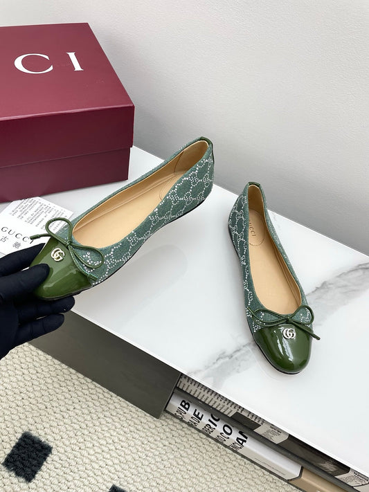 GG Women's Crystal Ballet Flat Dark Green Denim Patent Leather Trim 511495