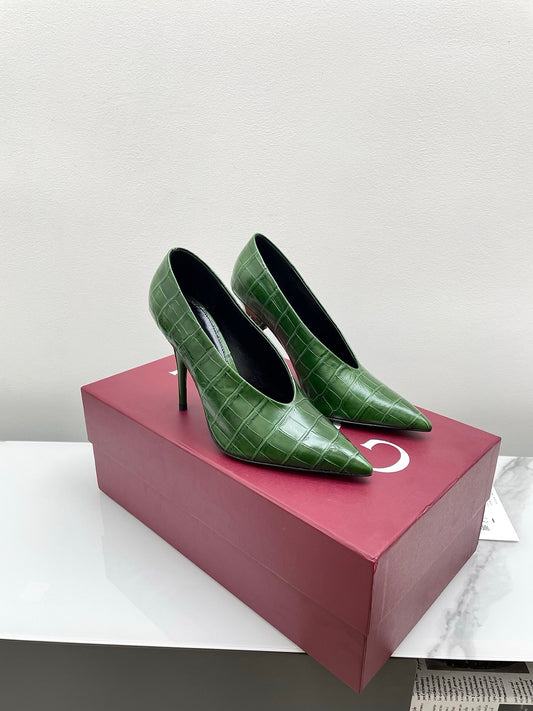 GG 25Ss Crocodile Pattern Pointed Toe High Heels Dark Green Leather 511498