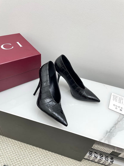 GG 25Ss Crocodile Pattern Pointed Toe High Heels Black Leather 511499