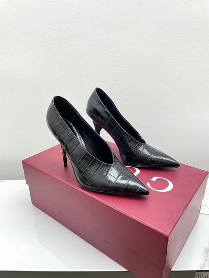 GG 25Ss Crocodile Pattern Pointed Toe High Heels Black Leather 511499