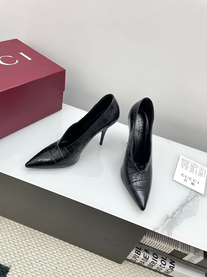 GG 25Ss Crocodile Pattern Pointed Toe High Heels Black Leather 511499