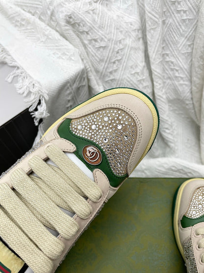 GG Women's Crystal Screener Sneaker Ivory Teal Green Leather 611295