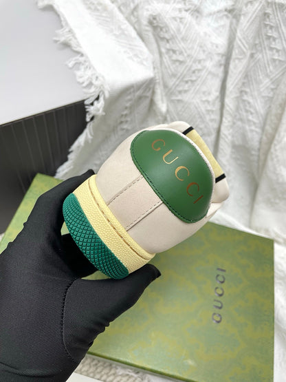 GG Women's Crystal Screener Sneaker Ivory Teal Green Leather 611295