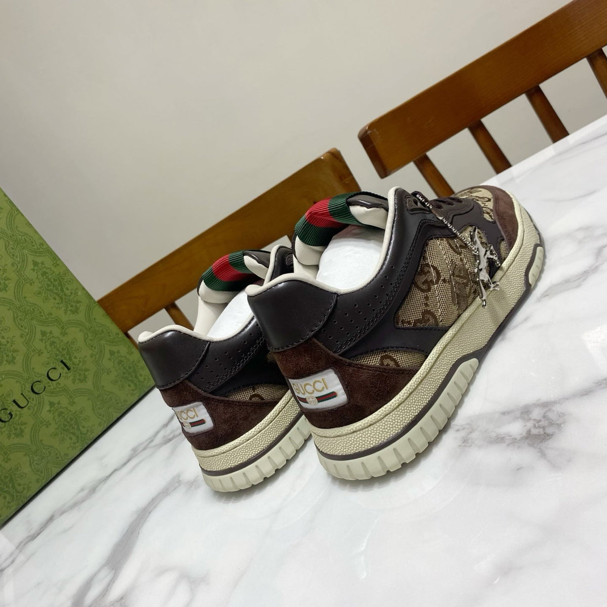 GG 26s Re-Web Trainer Sneakers In Brown Calfskin And Beige Canvas