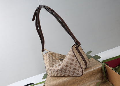 GG Half Horsebit Medium Shoulder Bag Beige Brown Canvas