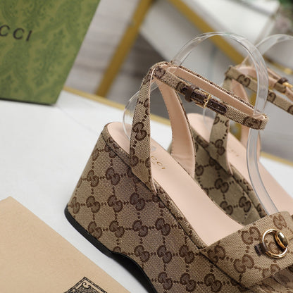 GG  Horsebit Wedges Sandals Brown