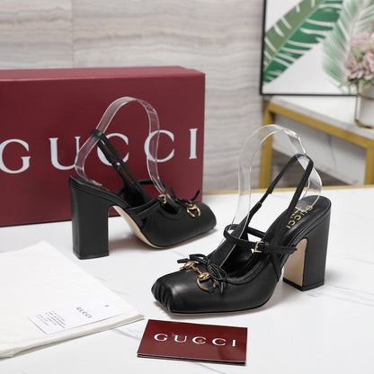 Gucci Horsebit  Slingback Pumps 7CM Black Leather 504428
