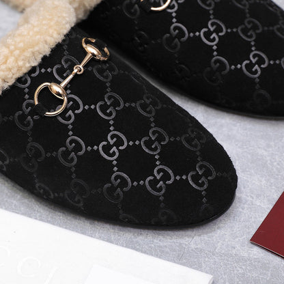 GG Horsebit Mules with Black Insole Suede Shearing 547331