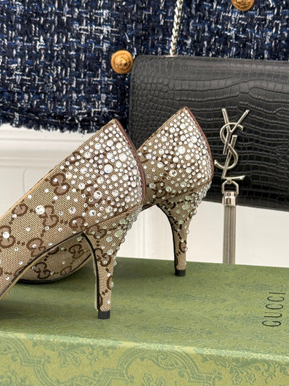 GG Pump 85 Beige Ebony Canvas Crystal-Embellished