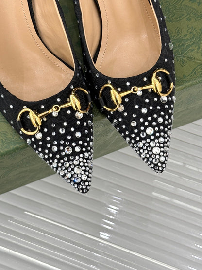 GG Pump 85 Black Ebony Canvas Crystal-Embellished