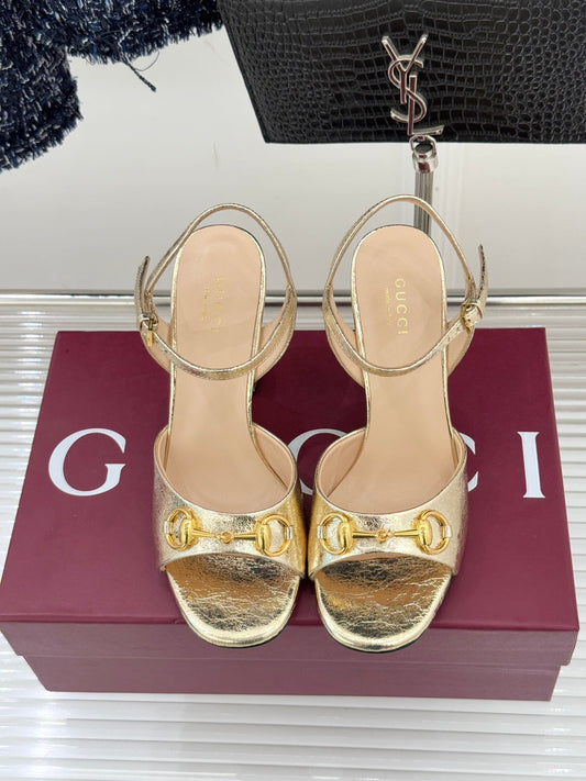 GG 26WF Chunky Heel Sandals 5cm Gold Metallic Sheepskin 632560