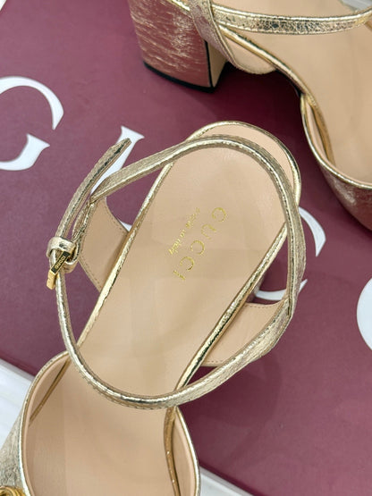 GG 26WF Chunky Heel Sandals 5cm Gold Metallic Sheepskin 632560