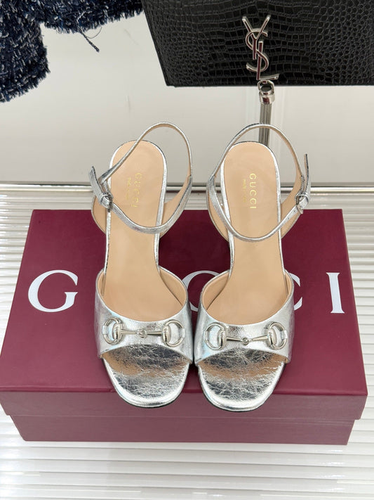 GG 26WF Chunky Heel Sandals 5cm Silver Metallic Sheepskin 632561