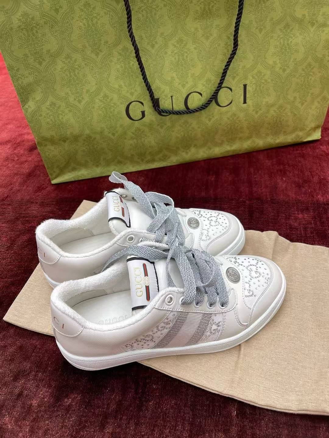 GG Screener Trainer Sneakers White Light Grey  Cowhide Frabic 502168
