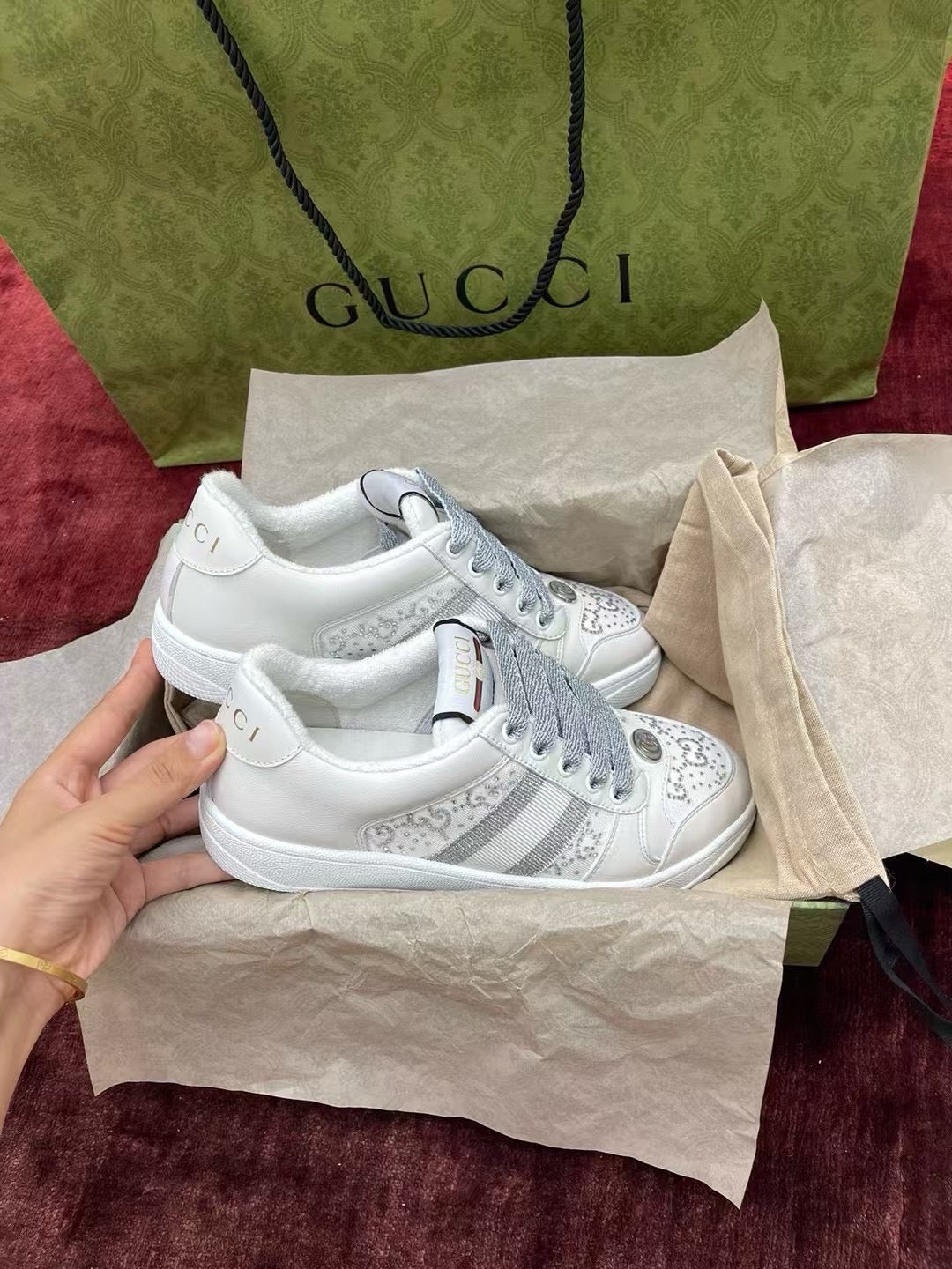 GG Screener Trainer Sneakers White Light Grey  Cowhide Frabic 502168