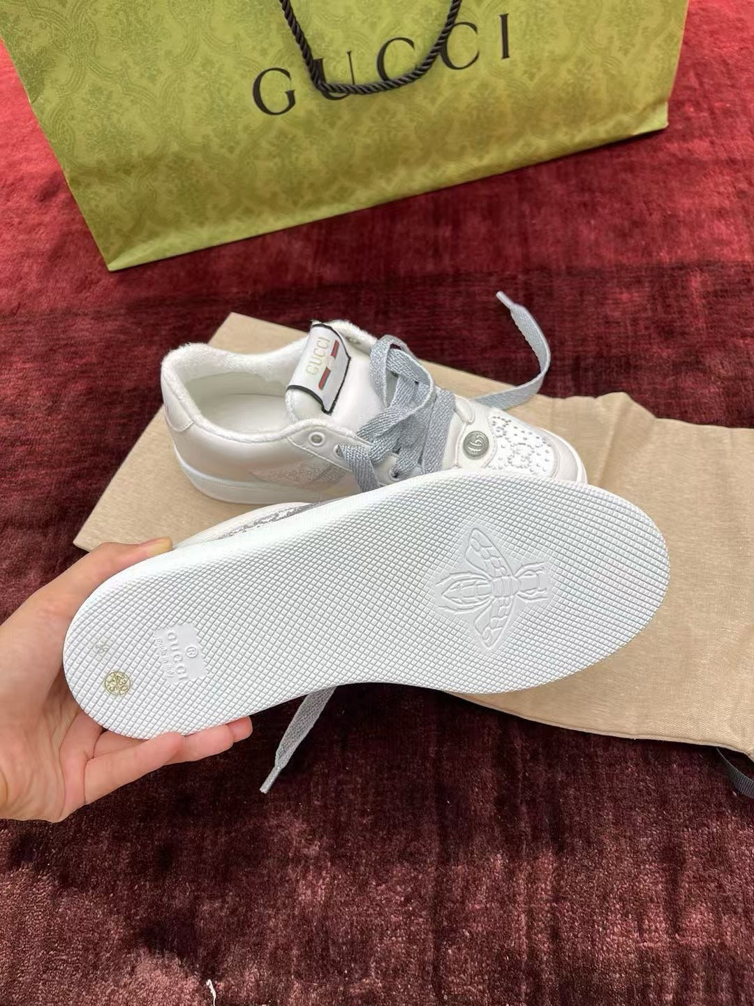 GG Screener Trainer Sneakers White Light Grey  Cowhide Frabic 502168