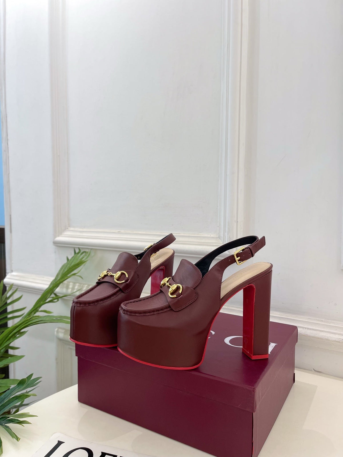 GG Horsebit Platform Loafer Slingback Burgundy Leather 640263