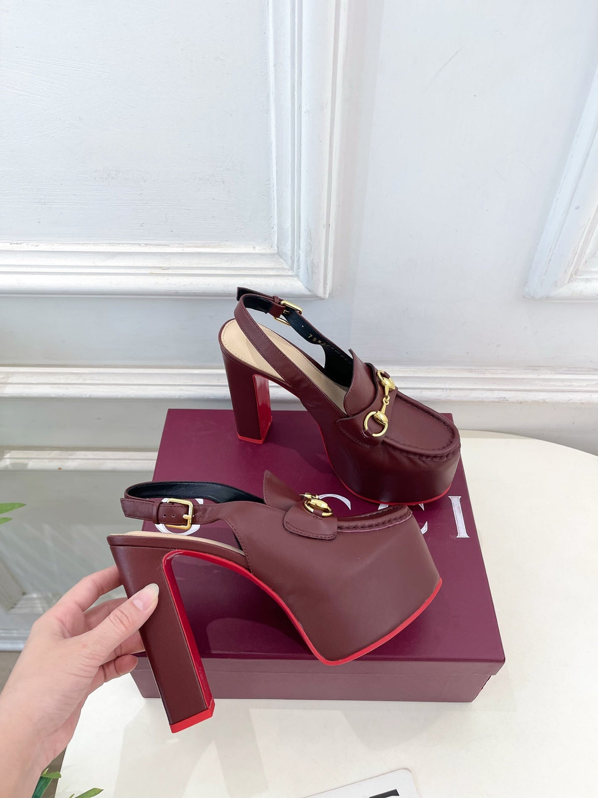 GG Horsebit Platform Loafer Slingback Burgundy Leather 640263