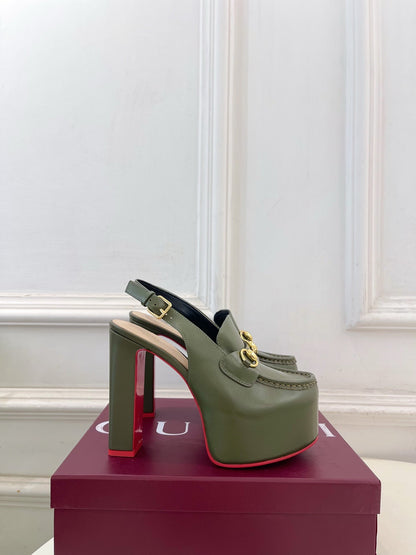 GG Horsebit Platform Loafer Slingback Olive Leather 640265