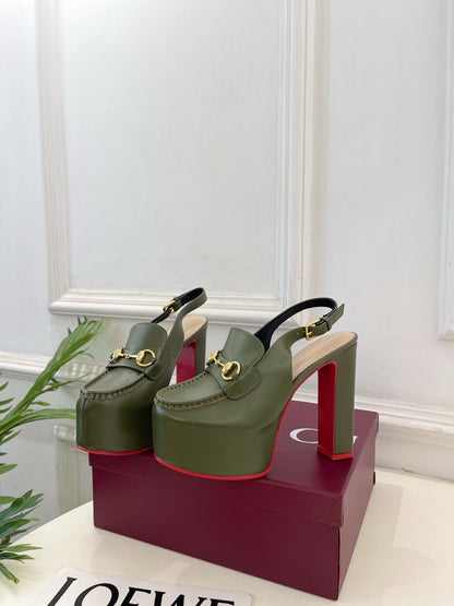 GG Horsebit Platform Loafer Slingback Olive Leather 640265