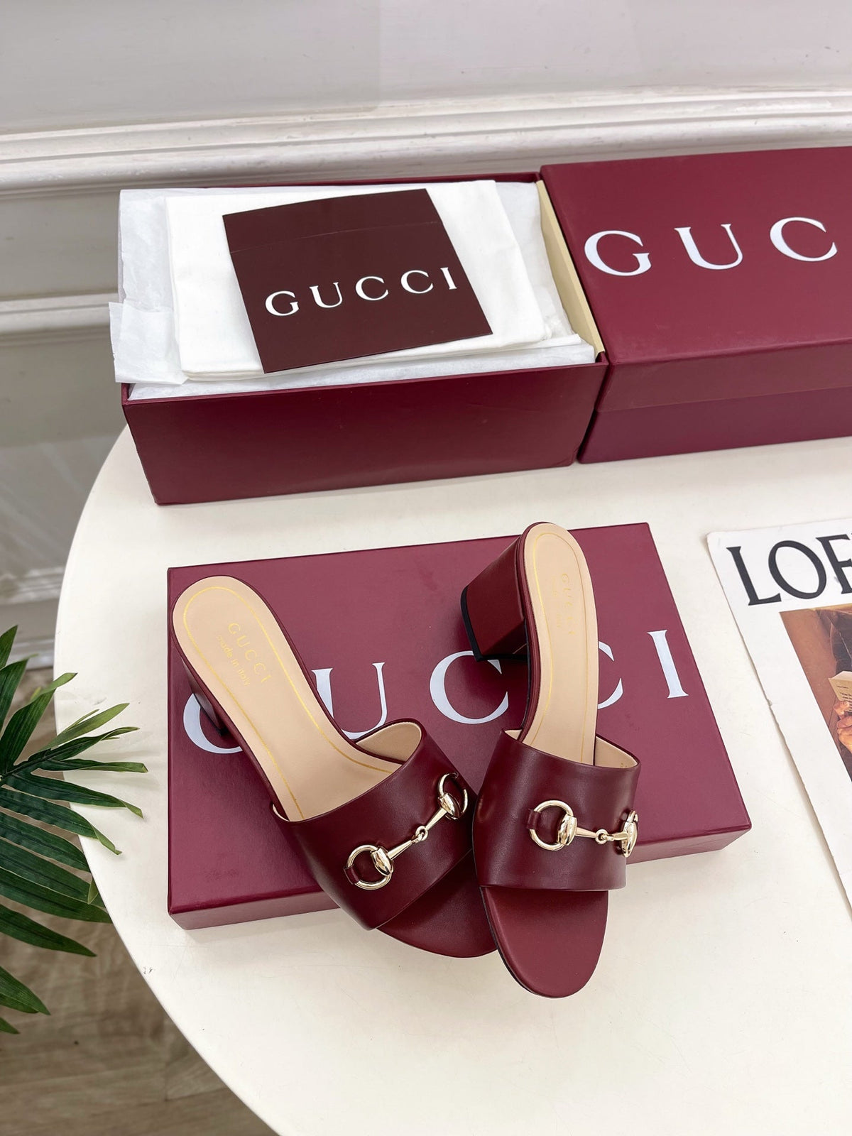 GG 26s Slide Sandal 5.5cm With Horsebit Burgundy Leather 640292