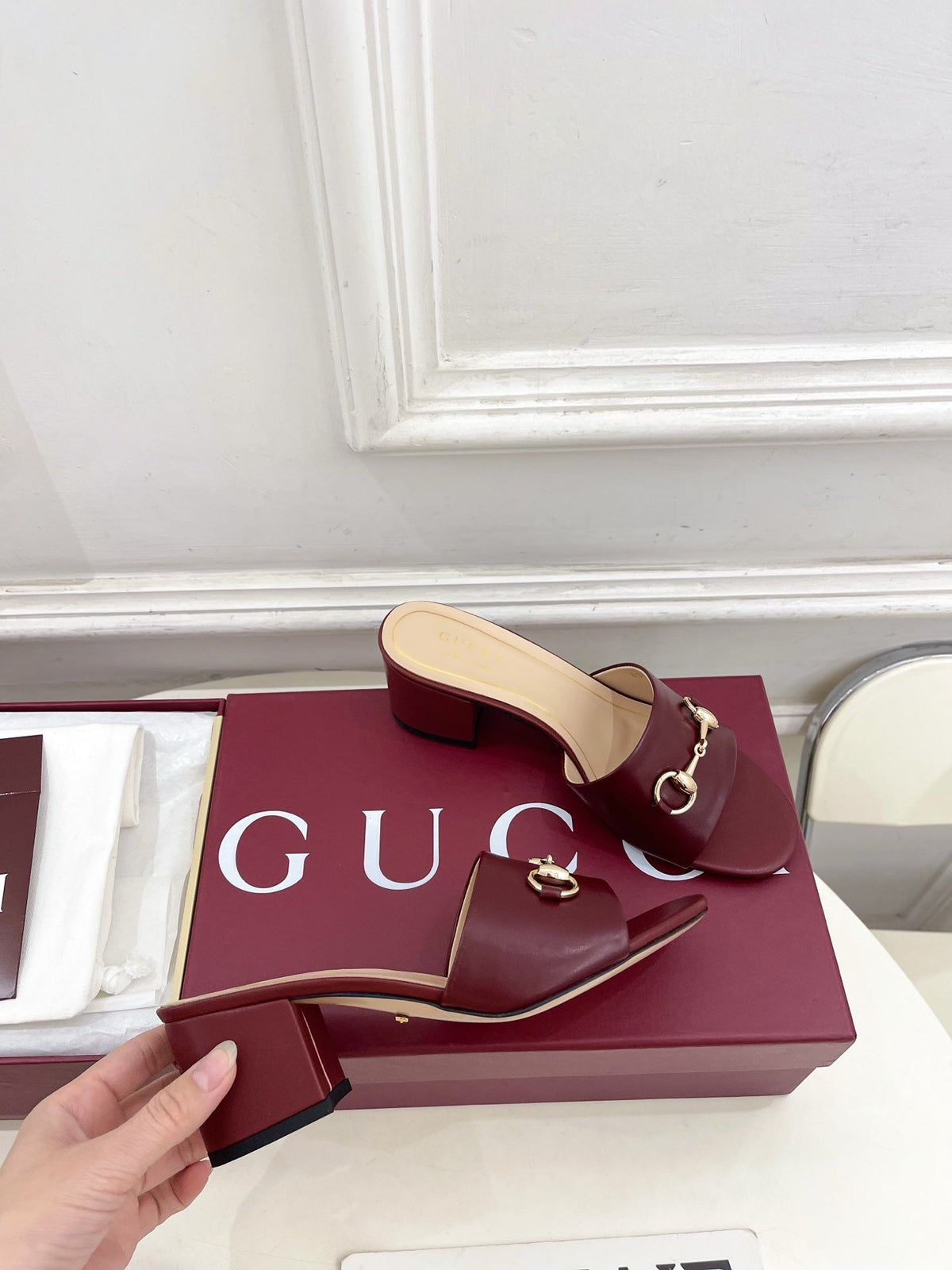 GG 26s Slide Sandal 5.5cm With Horsebit Burgundy Leather 640292