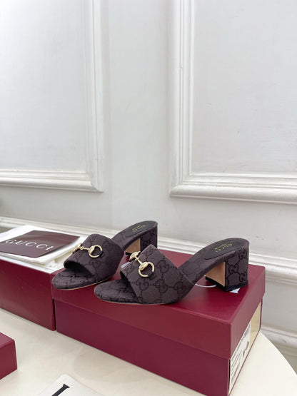 GG 26s Slide Sandal 5.5cm With Horsebit Dark Brown Canvas 640297