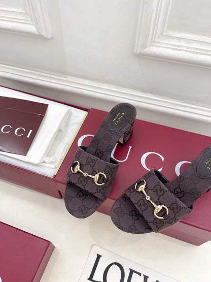 GG 26s Slide Sandal 5.5cm With Horsebit Dark Brown Canvas 640297