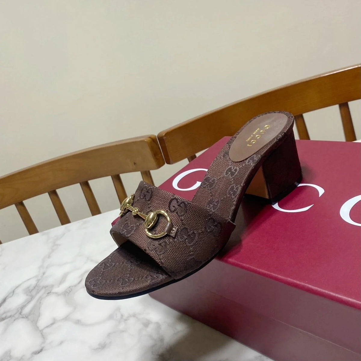 GG 26SS Chunky Heeled Sandals 65 Dark Brown Canvas Leather 640623