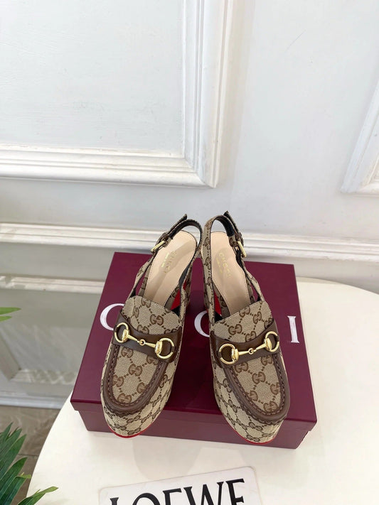 GG 26SS Platform Sandals 130 Beige Brown Monogram Fabric Sheepskin 640267