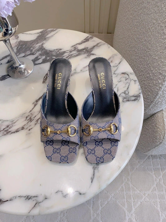 GG 26SS High-Heeled Sandals Gray Blue Black Canvas Leather 644533