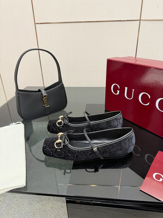 Gucci 2026 Crystal Rhinestone Ballet Flat Black Velvet Leather 629715