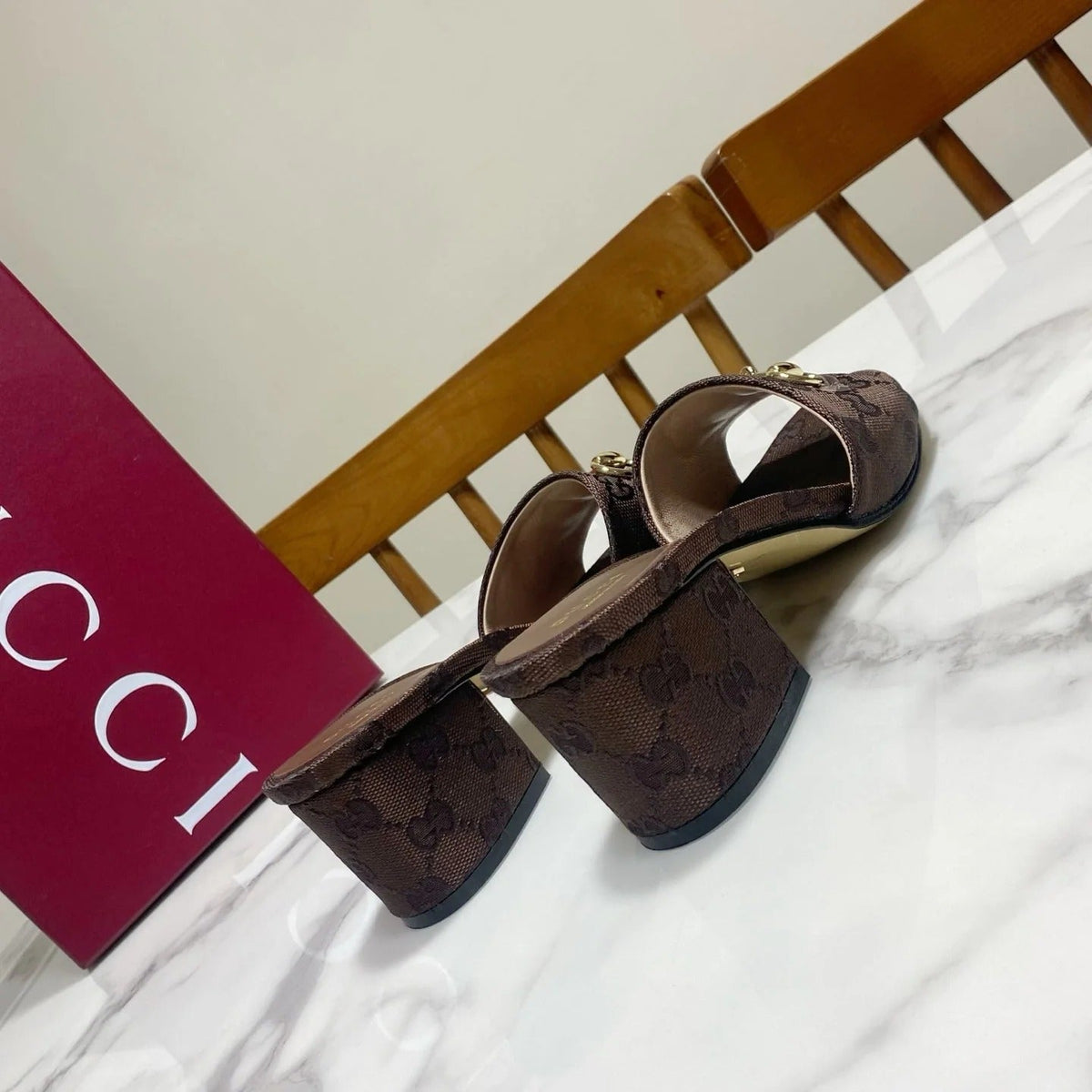 GG 26SS Chunky Heeled Sandals 65 Dark Brown Canvas Leather 640623
