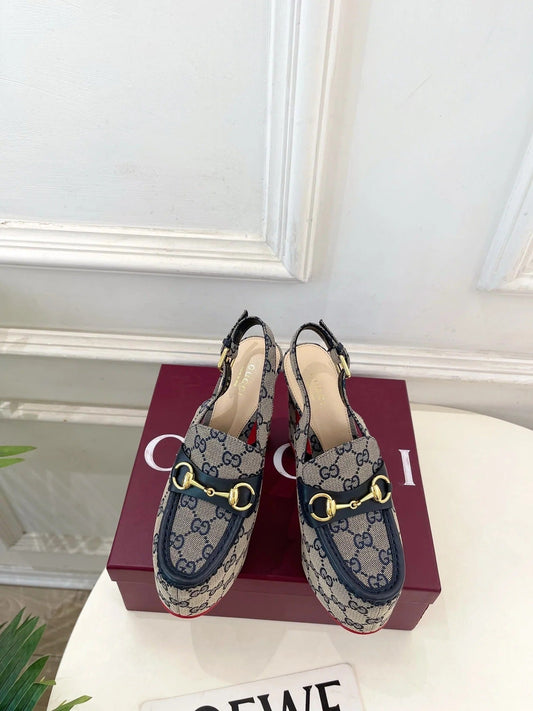 GG 26SS Platform Sandals 130 Gray Blue Monogram Fabric Sheepskin 640266