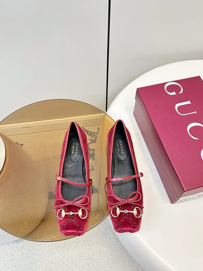 GG 26SS Ballet Flats Rhinestone Burgundy Velvet Sheepskin 645701