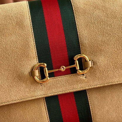 Gucci 2026 Paparazzo Shoulder Bag 30cm Beige Red Green Suede Leather