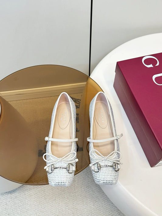 GG 26SS Ballet Flats Rhinestone White Satin Sheepskin 645705
