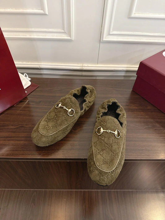 GG 26SS Loafers Olive Green Monogram Suede Leather 645960