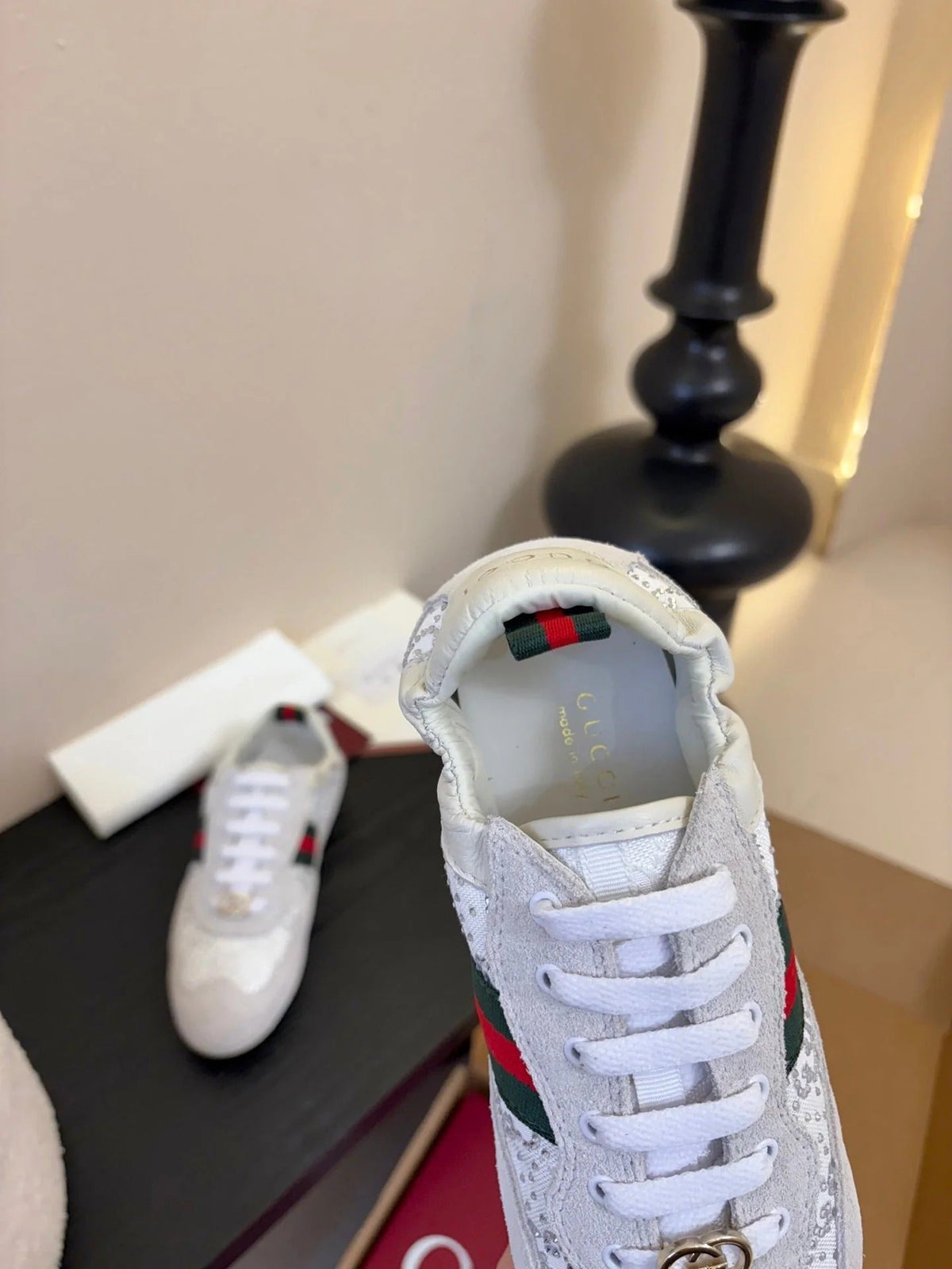 GG 26 Casual Sneakers White Light Gray Cowhide Suede Rhinestones 627231