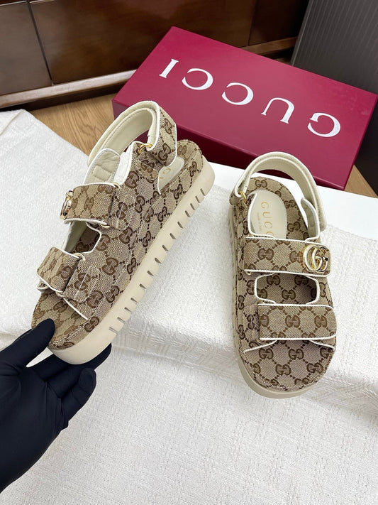 GG CLASSIC SANDALS 25S IN BEIGE FABRIC WITH GOLD HARDWARE
